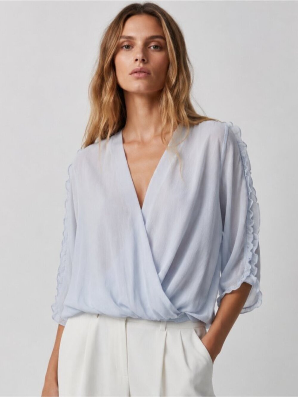 Zara Sheer Ruffle Sleeve Wrap Blouse